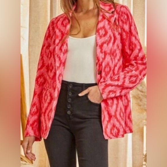 Savanna Jane $70 Pink & Red Geometric Ikat Diamond Corduroy Blazer L Southwest - Picture 4 of 12